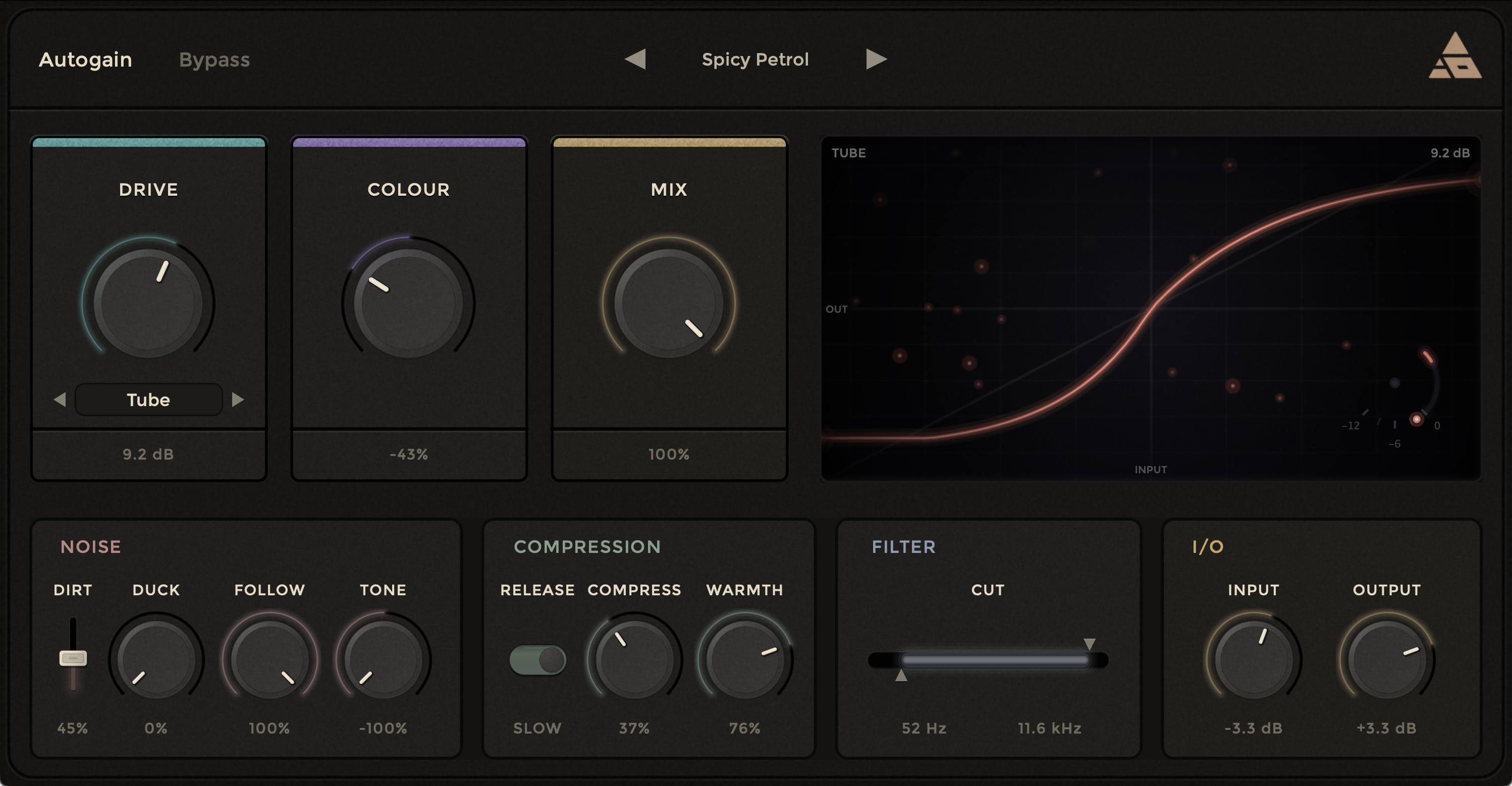 Kerosene saturation plugin interface by Acedia Audio, showing drive, colour, and mix controls
