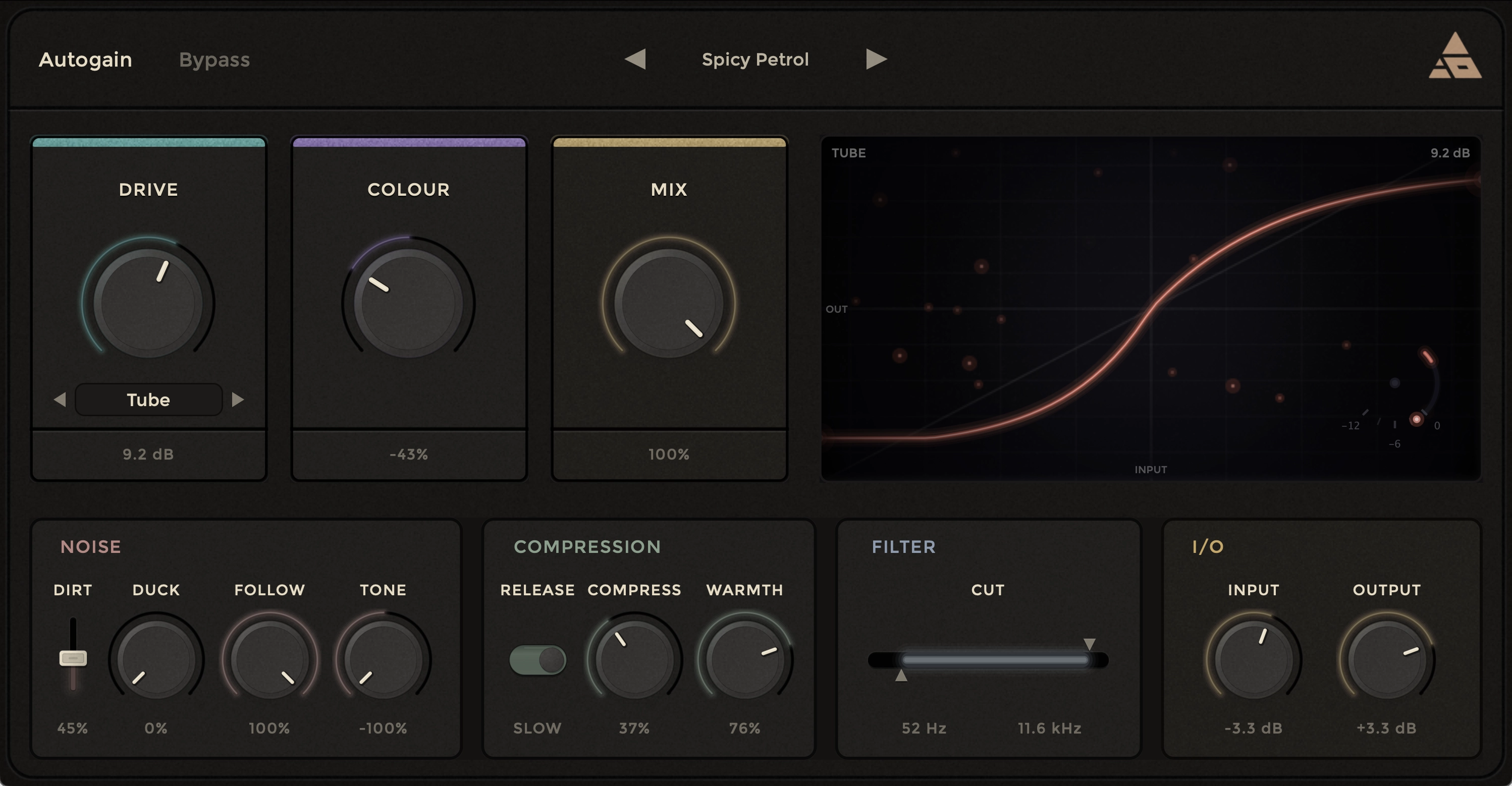 Kerosene saturation plugin interface by Acedia Audio, showing drive, colour, and mix controls
